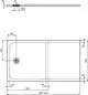 Brausewanne von Ideal Standard, flache Ausführung, mit rechteckiger Form und Abflussöffnung, Maße und Detaillinien sind im technischen Diagramm dargestellt.